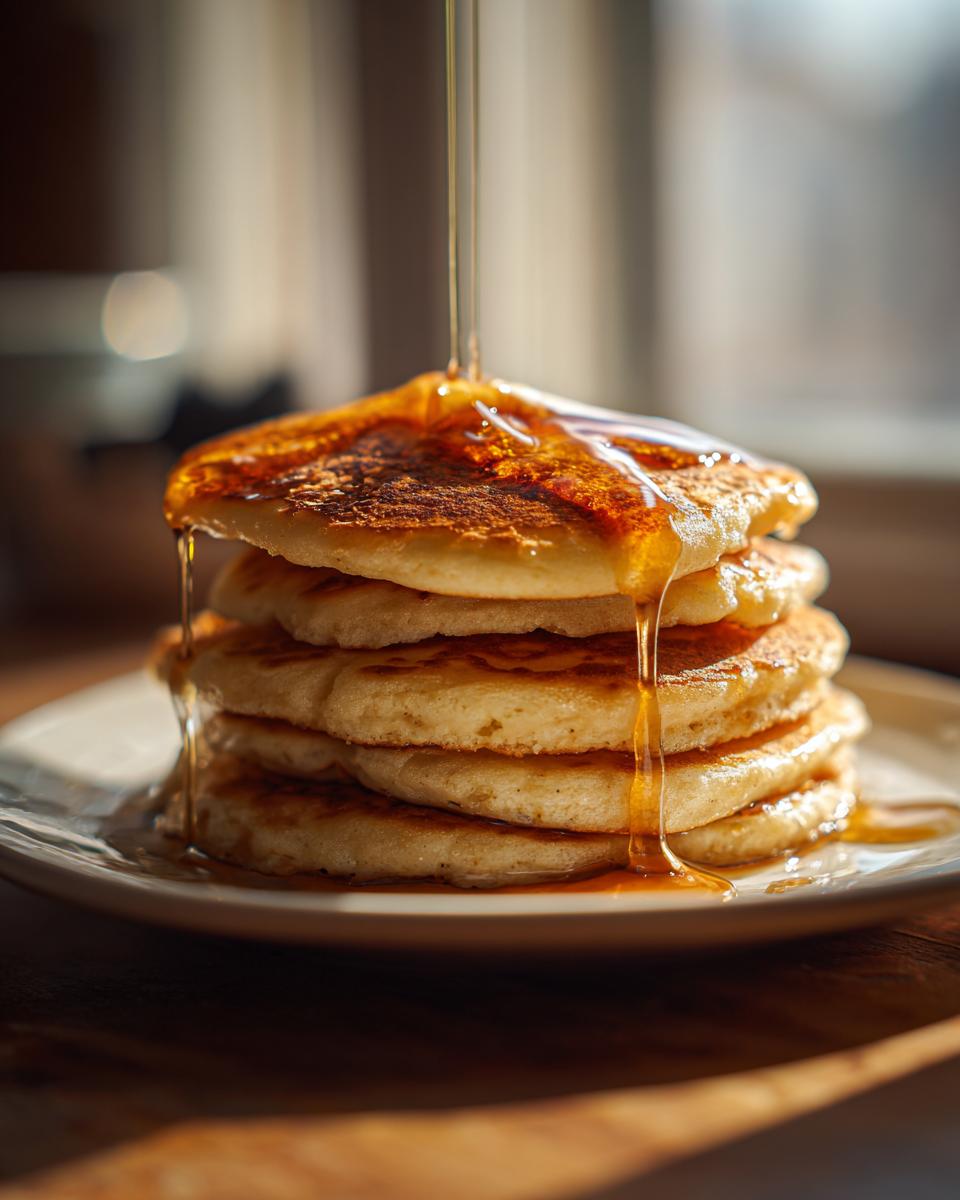 A tall stack of fluffy banana pancakes being drizzled generously with golden syrup.