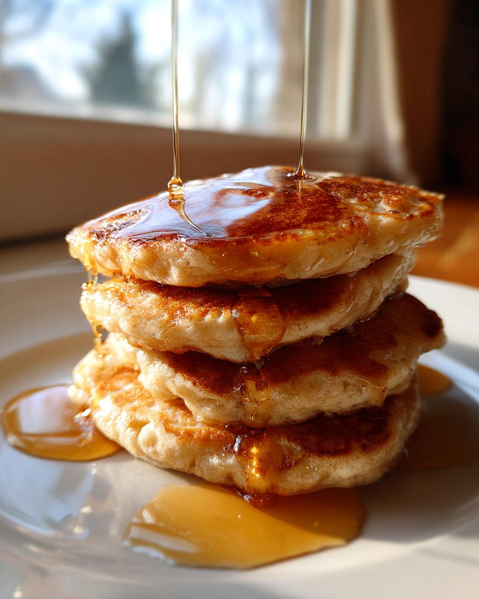 A tall stack of fluffy banana pancakes being drizzled with golden syrup on a white plate.