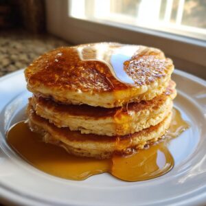 A tall stack of fluffy banana pancakes generously drizzled with golden syrup on a white plate.