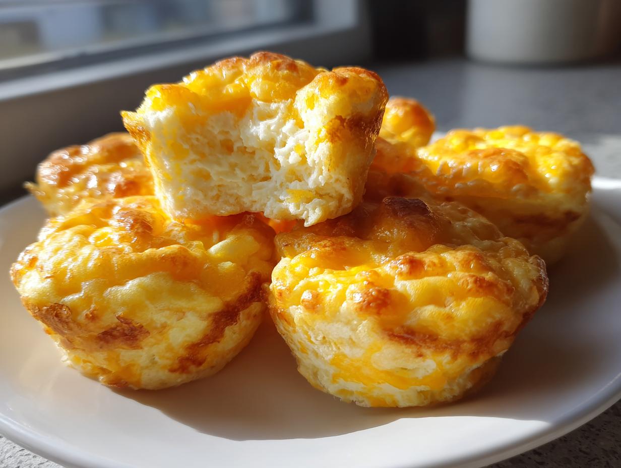 A stack of golden brown, cheesy egg bites on a white plate, with one broken open showing the fluffy interior.