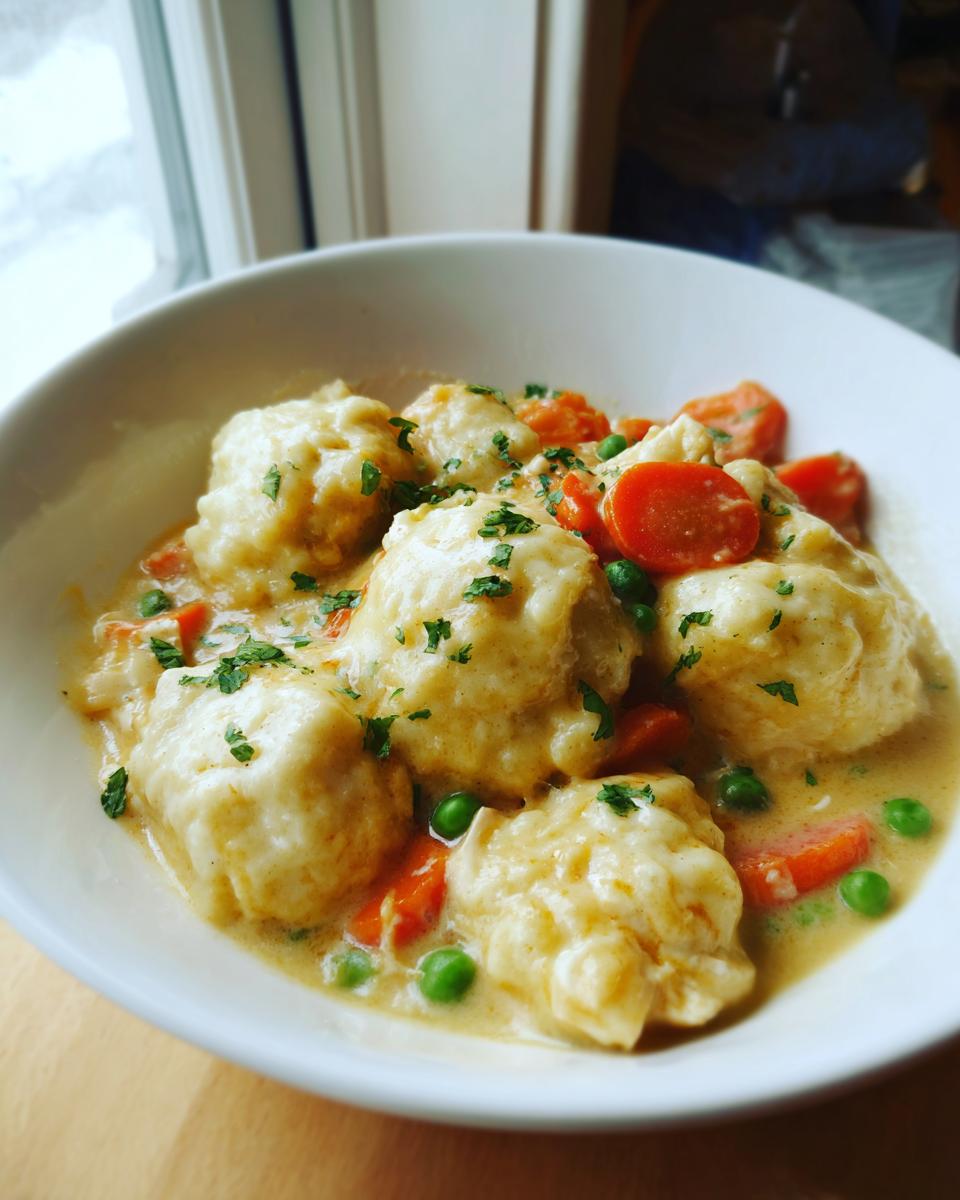 Close-up of fluffy dumplings served in a creamy sauce with carrots and peas, highlighting the amazing chicken and dumplings.