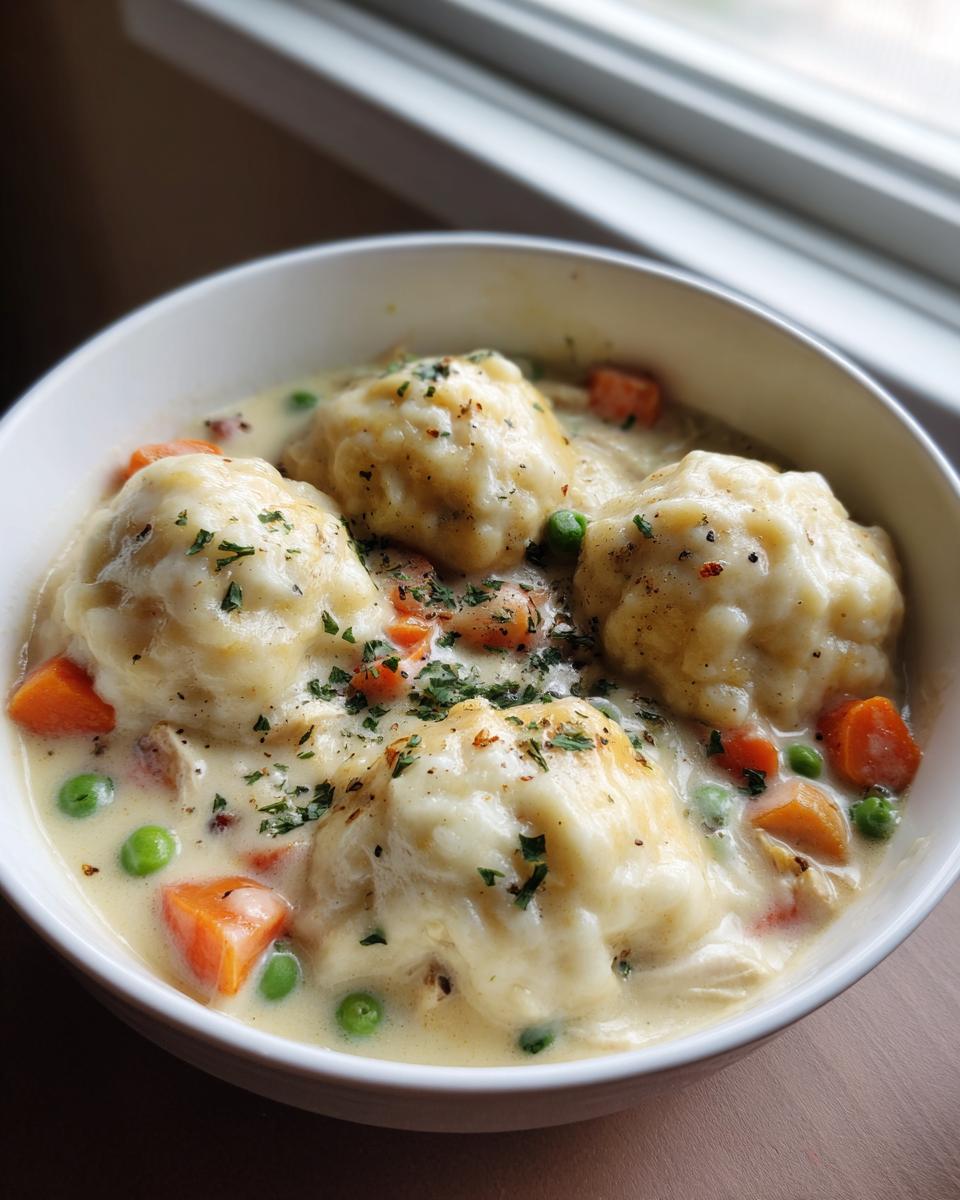 Close-up of a bowl of creamy chicken and dumplings topped with parsley and pepper flakes.