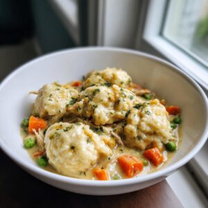 A white bowl filled with creamy chicken and dumplings, featuring fluffy dumplings, shredded chicken, carrots, and peas.