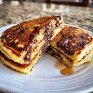 Two fluffy chocolate chip pancakes cut in half, revealing melted chocolate filling and drizzled with syrup.