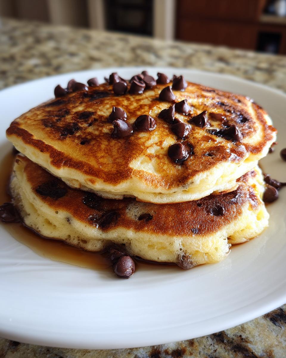 A stack of two fluffy chocolate chip pancakes topped with melted chocolate chips and syrup.