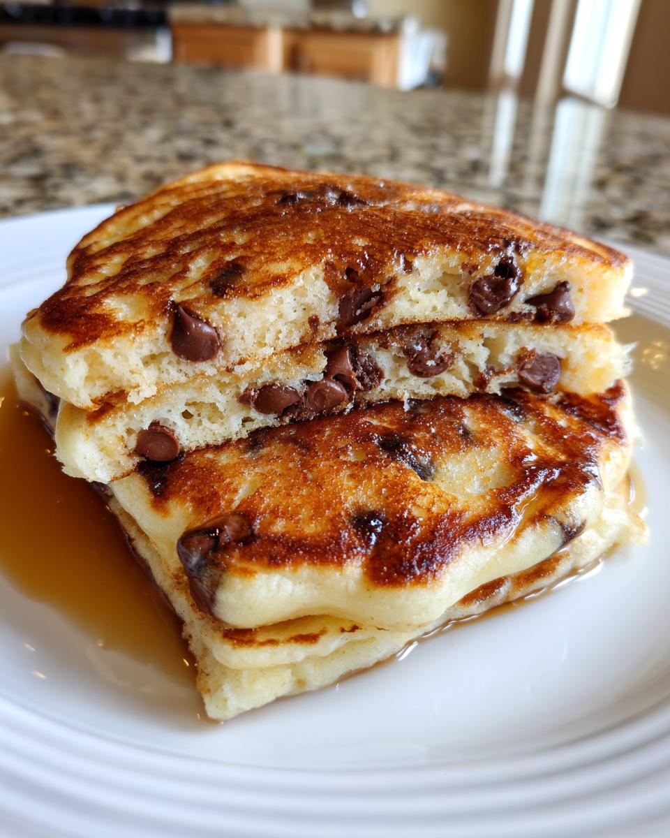 A close-up of a stack of three fluffy chocolate chip pancakes drizzled with syrup on a white plate.