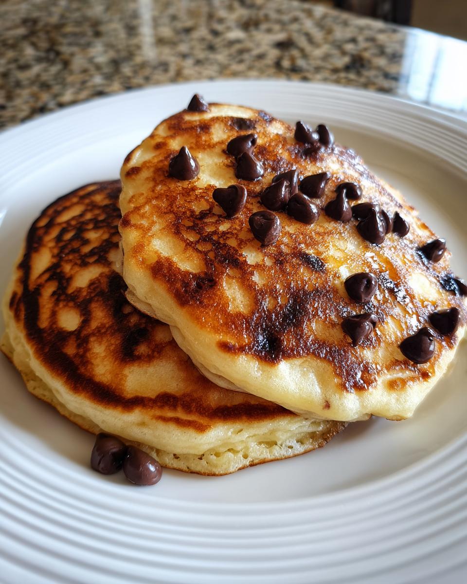 Two fluffy chocolate chip pancakes stacked on a white plate, topped with melted chocolate chips.