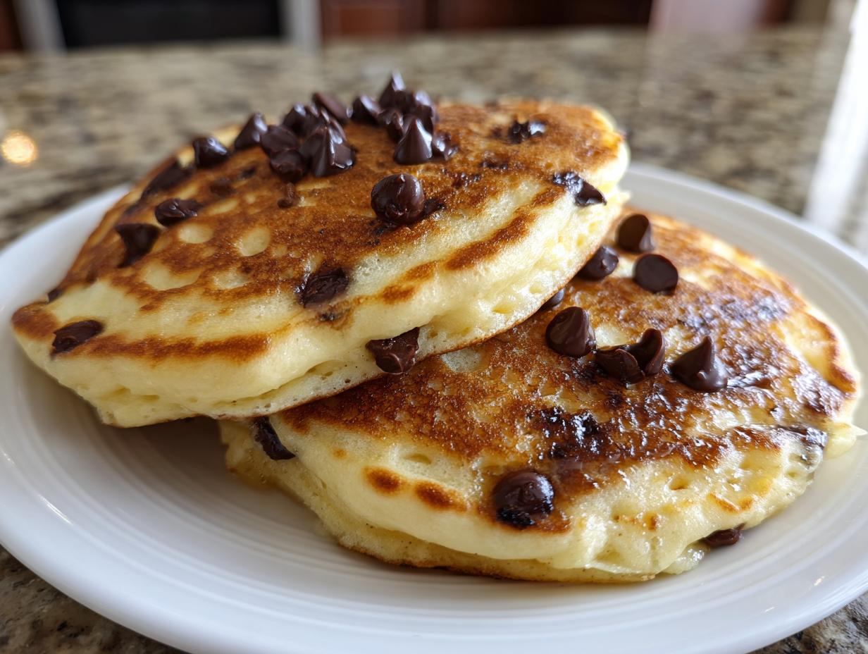 Close-up of two fluffy chocolate chip pancakes stacked, topped with melted chocolate chips.