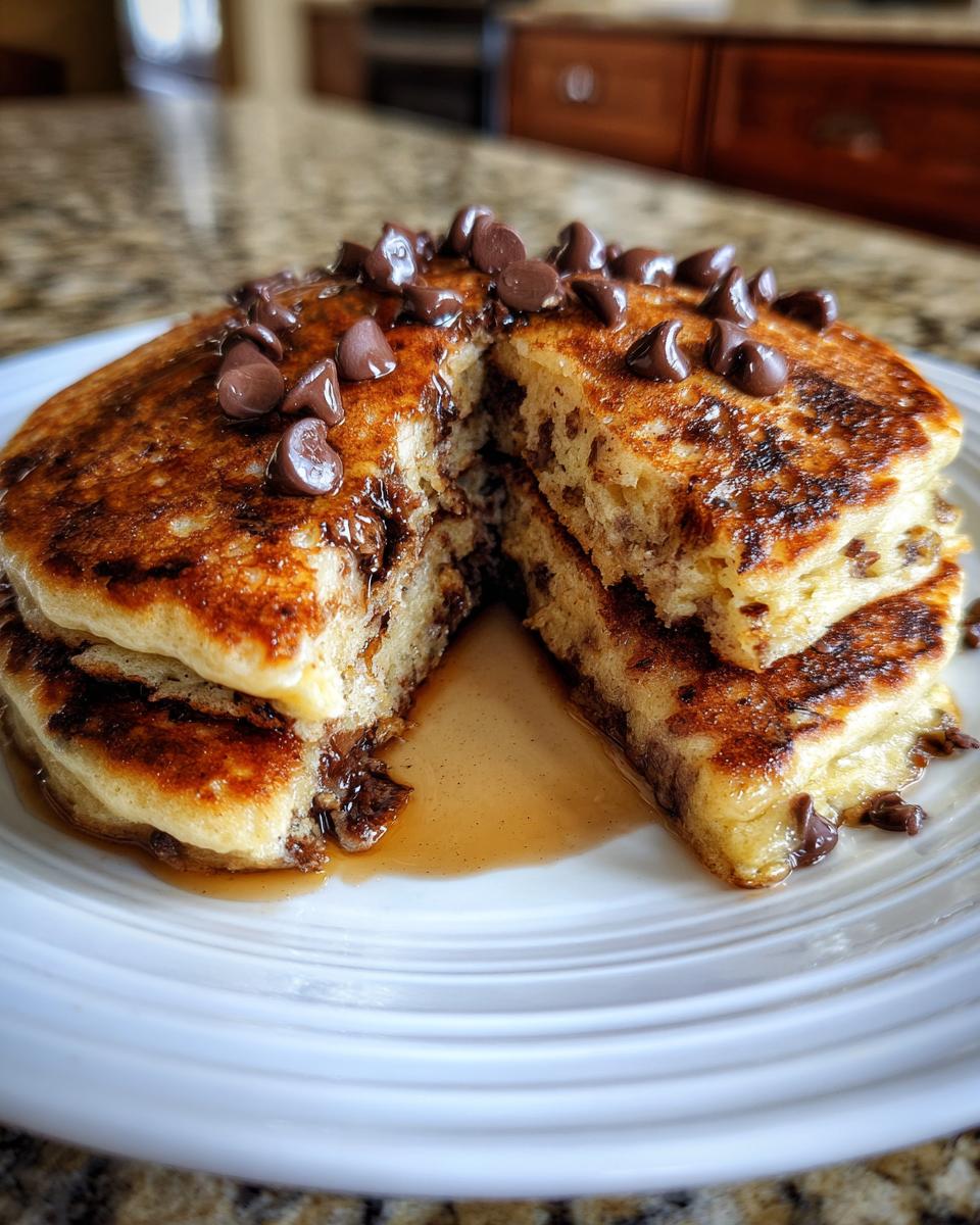 Close-up of fluffy chocolate chip pancakes cut in half, drizzled with syrup and topped with melted chocolate chips.
