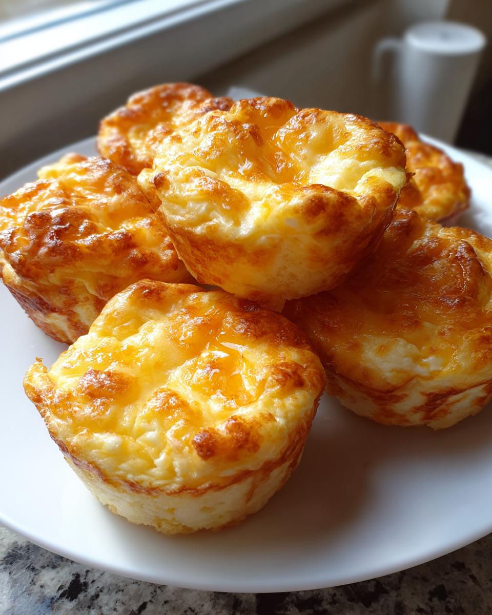A stack of five golden-brown, fluffy egg bites with melted cheese topping on a white plate.