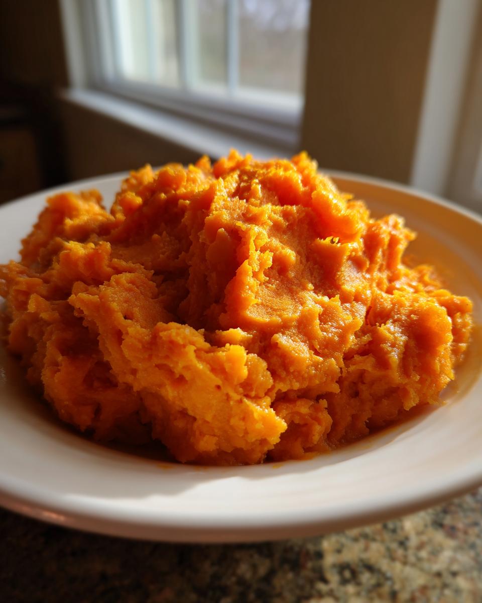 A close-up of richly textured, bright orange mashed sweet potatoes served in a white bowl.