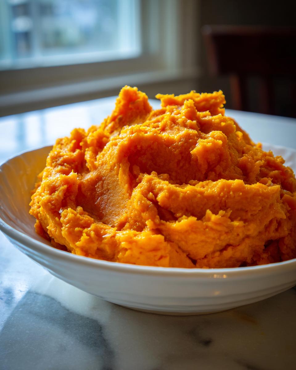 Close-up of a white bowl filled with vibrant orange, fluffy mashed sweet potatoes.