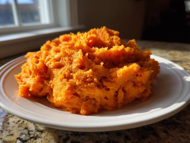A generous serving of bright orange, fluffy mashed sweet potatoes piled high on a white plate.