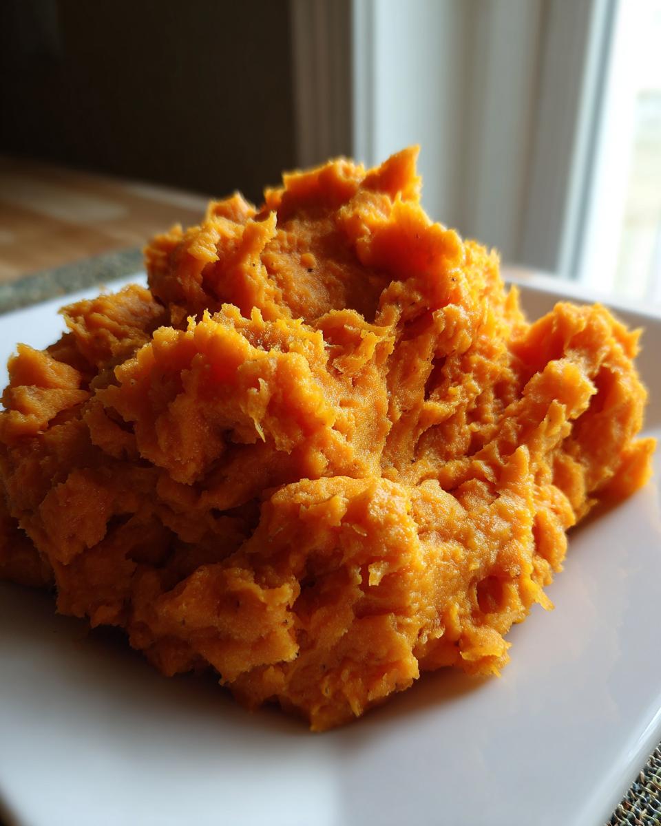 A close-up of a generous serving of bright orange mashed sweet potatoes on a white square plate.