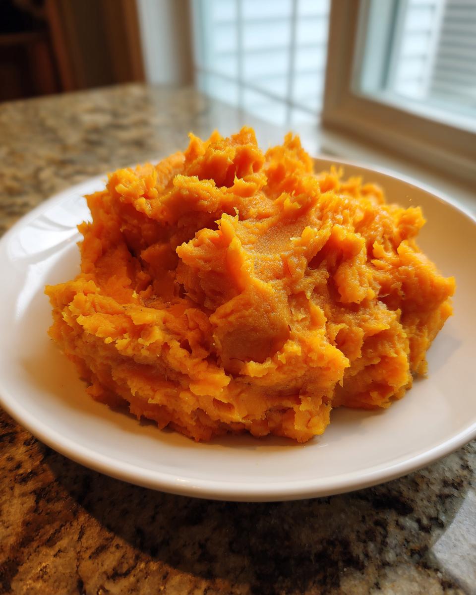 A generous serving of bright orange, fluffy mashed sweet potatoes piled high on a white plate.