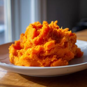A close-up of a generous serving of bright orange, fluffy mashed sweet potatoes on a white plate.