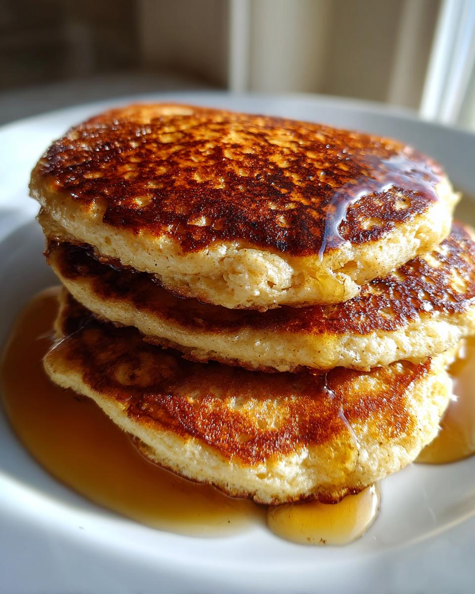 Close-up of a stack of three fluffy oatmeal pancakes drizzled with maple syrup on a white plate.