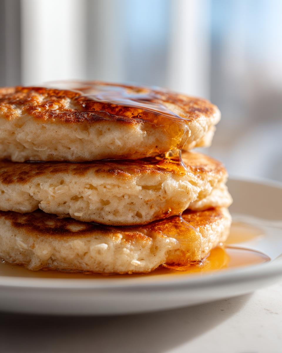Close-up of a stack of three fluffy oatmeal pancakes dripping with maple syrup.