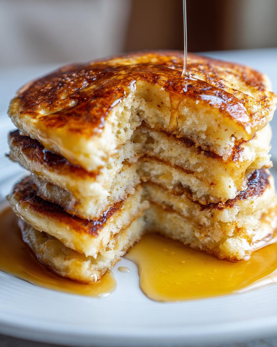 Close-up of a stack of fluffy oatmeal pancakes with a bite taken out, drizzled with syrup.