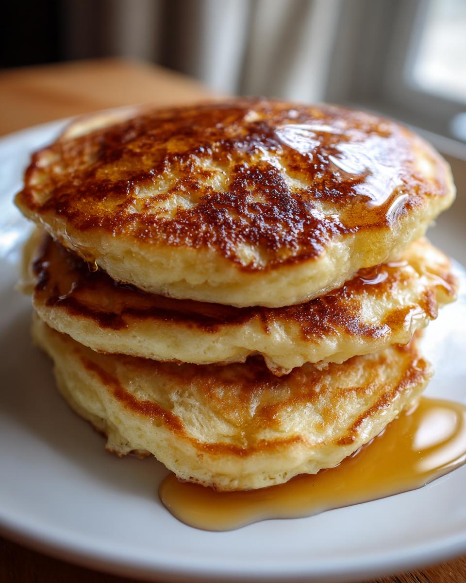 Close-up of a stack of three fluffy oatmeal pancakes drizzled generously with golden syrup.
