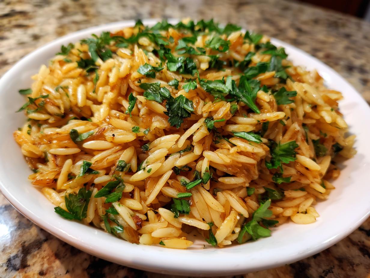 Close-up of fluffy rice pilaf made with orzo pasta, seasoned golden brown and topped with fresh chopped parsley.