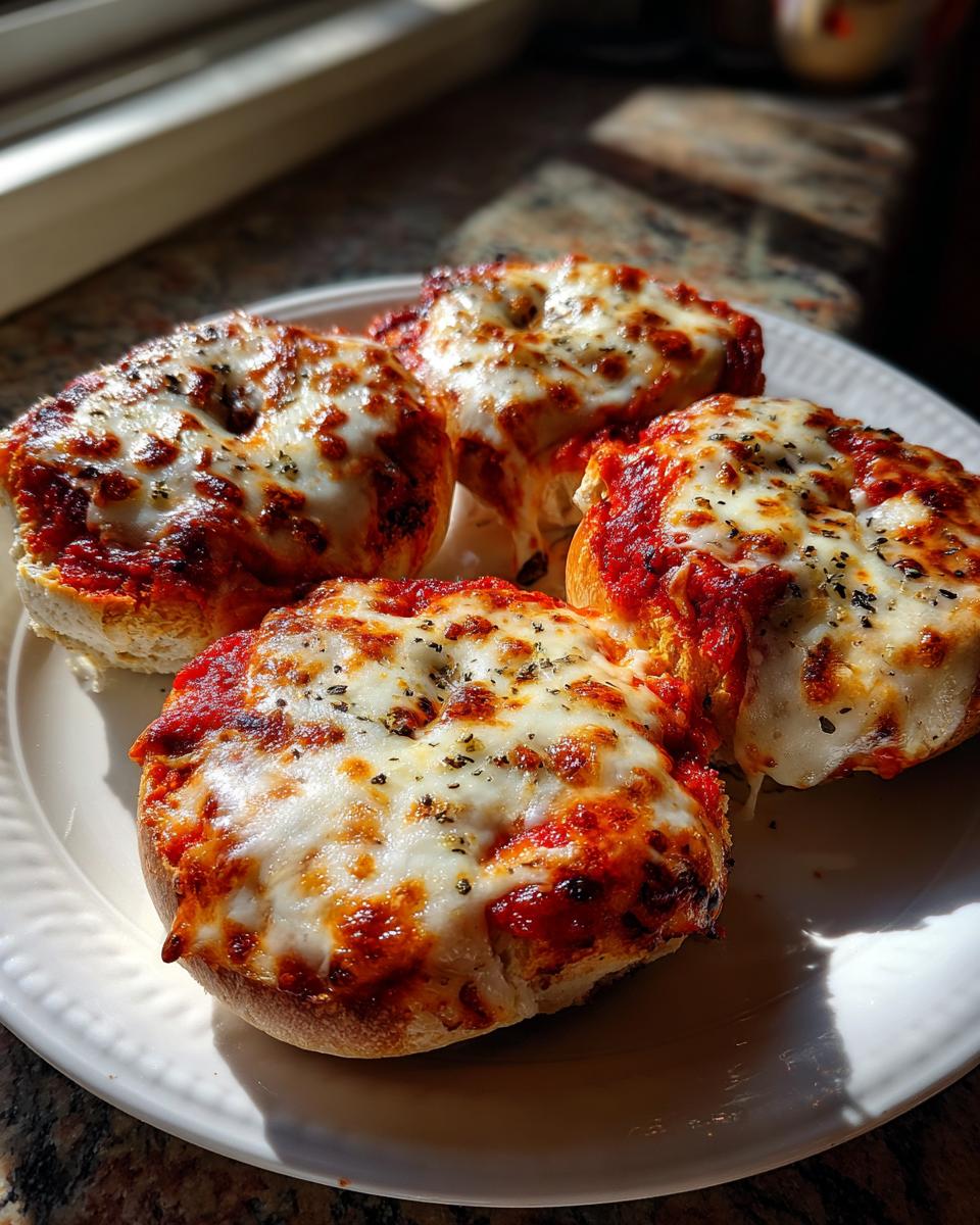 Four halves of freshly baked pizza bagels topped with melted mozzarella cheese and herbs on a white plate.