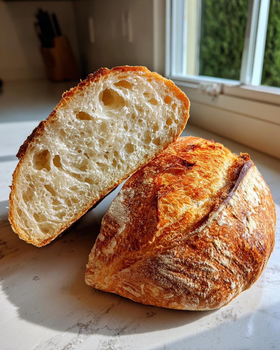 A loaf of homemade french bread cut in half, showing the airy, open crumb structure.