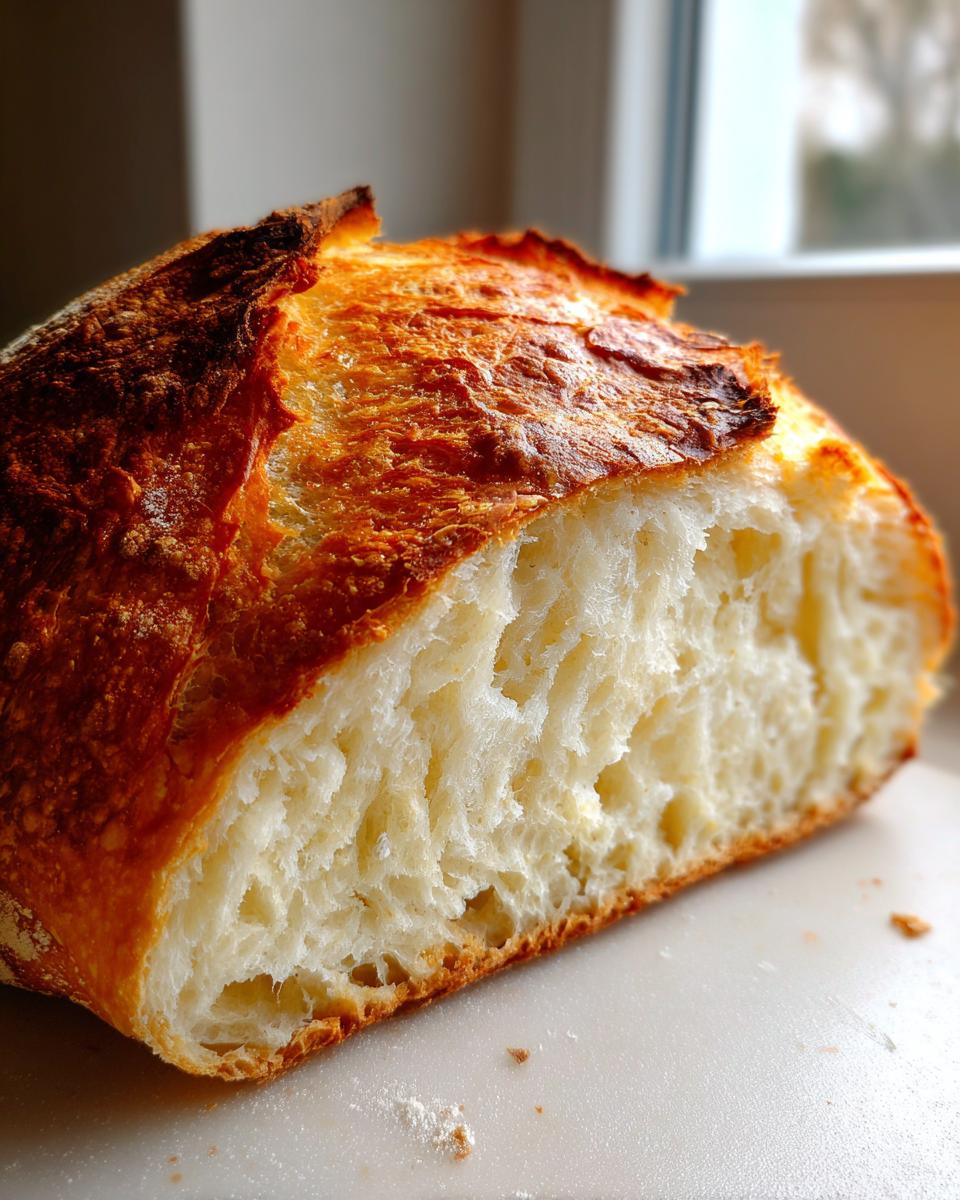 Close-up of a freshly baked french bread loaf cut in half, showing the airy interior crumb and dark golden crust.