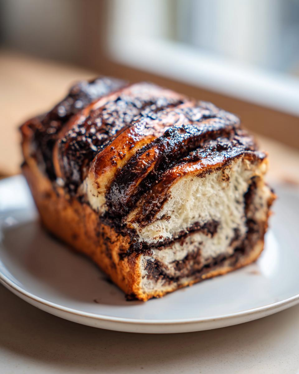 Close-up of a rich, swirled chocolate babka loaf showing its glossy, dark chocolate filling and soft interior.