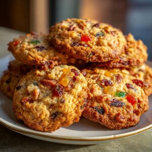 A close-up stack of freshly baked fruitcake cookies loaded with candied fruit and nuts, ready to eat.