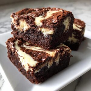 Close-up of two stacked, fudgy cream cheese brownies with a distinct marbled swirl pattern on top.