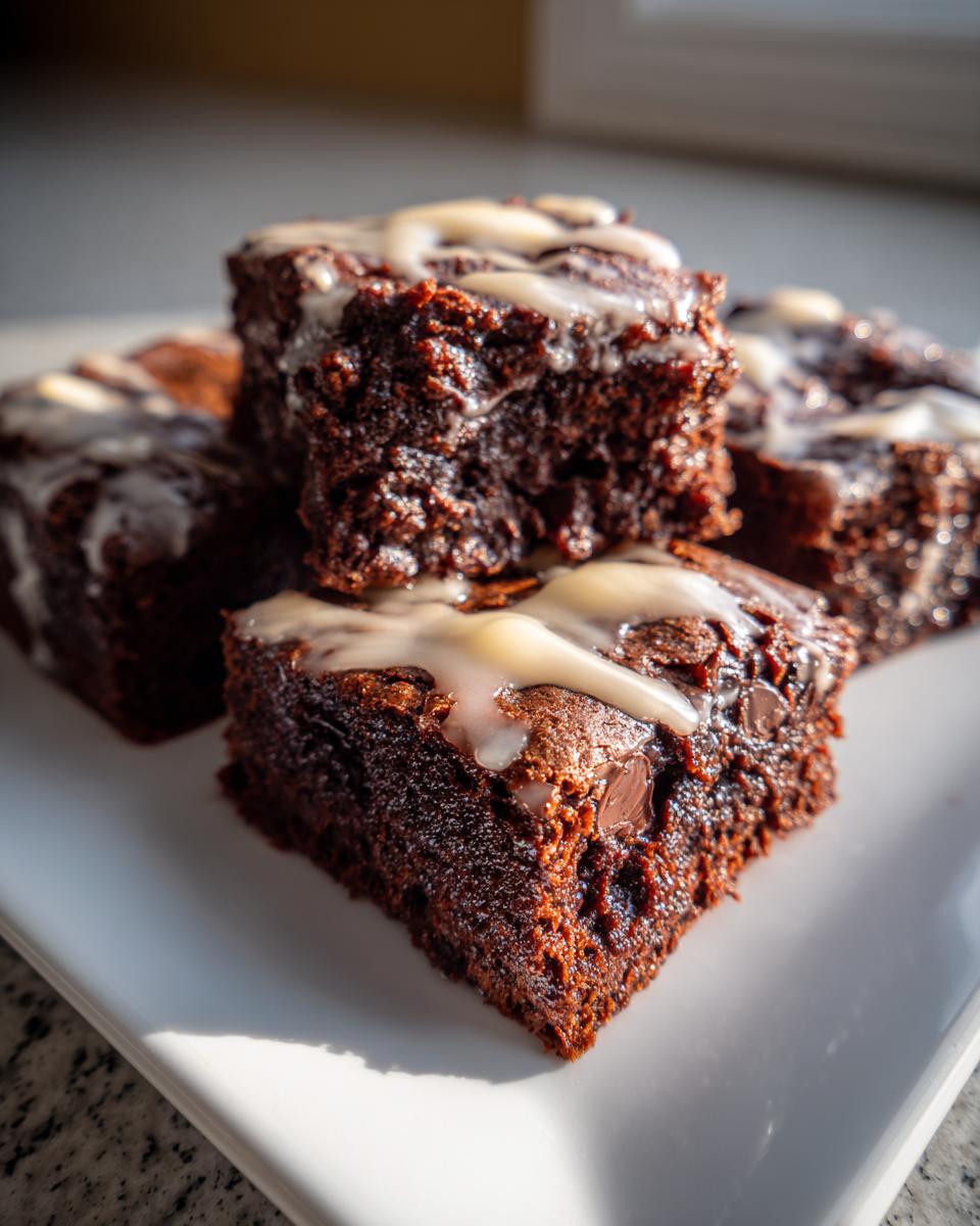 Close-up of fudgy gingerbread brownies stacked on a white plate, drizzled with a light vanilla glaze.