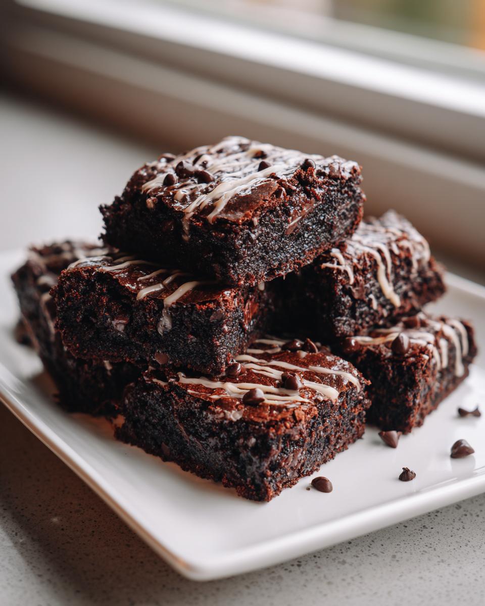 A stack of fudgy gingerbread brownies drizzled with white icing and mini chocolate chips on a white plate.