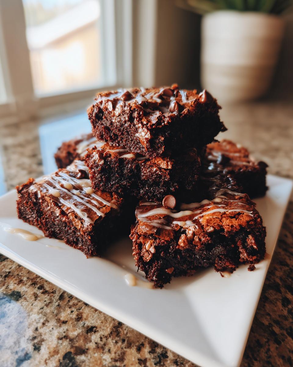 A stack of fudgy gingerbread brownies drizzled with white icing and topped with chocolate chips, sitting on a white plate.