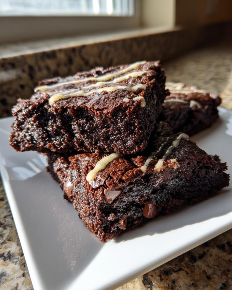 Three fudgy gingerbread brownies stacked on a white plate, drizzled with light icing.