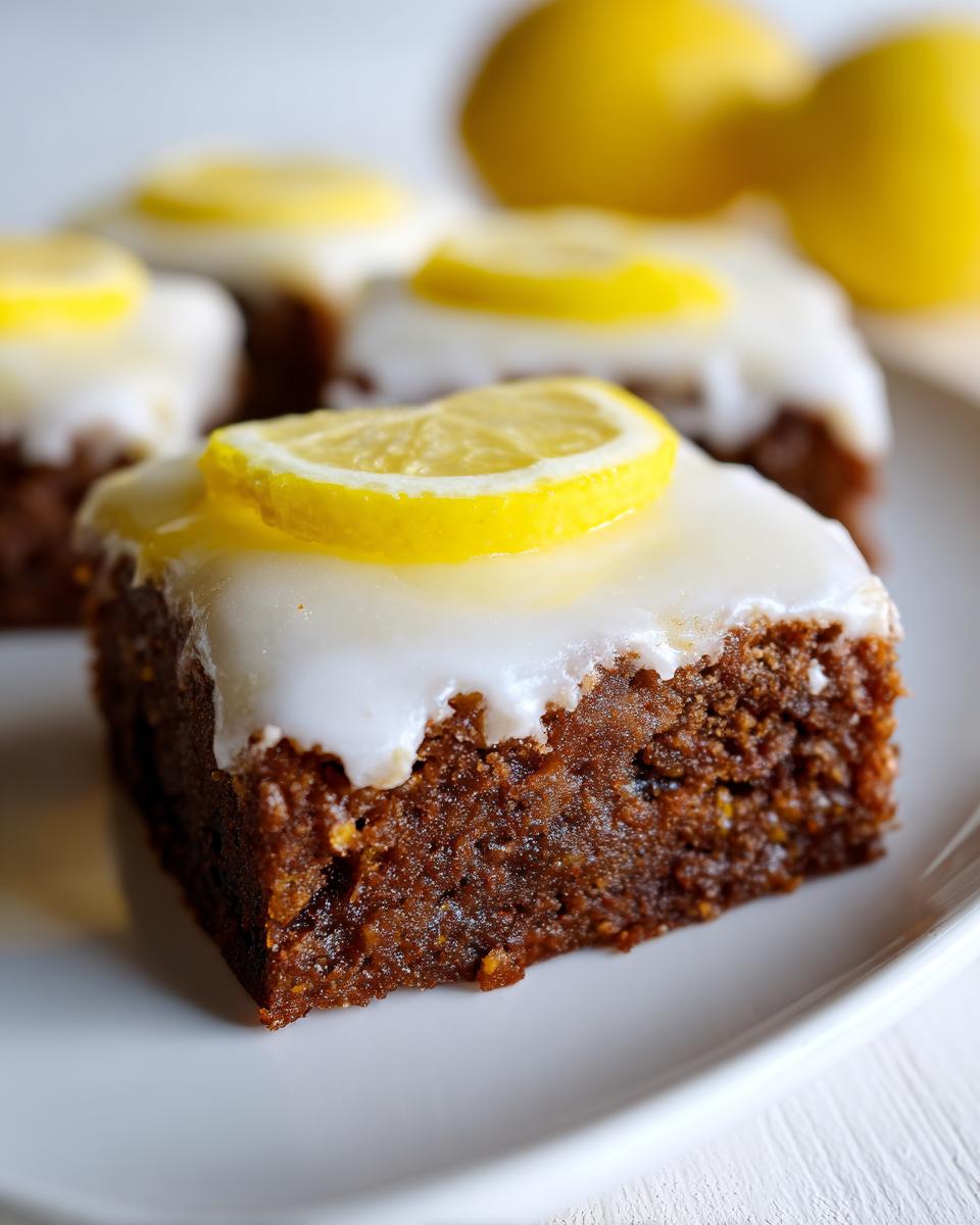 Close-up of a fudgy Lemon Brownies square topped with white glaze and a thin lemon slice.