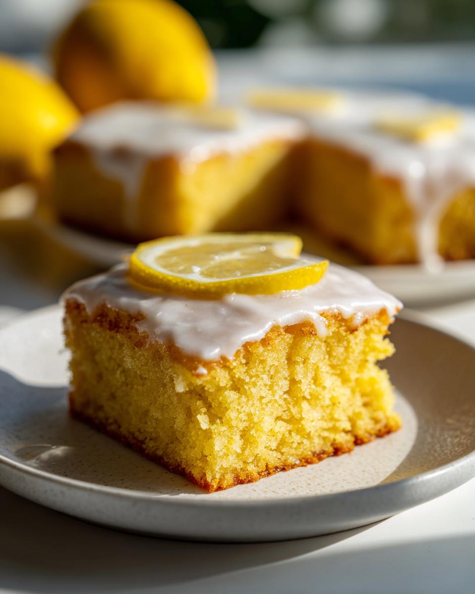A close-up of a square slice of fudgy Lemon Brownies topped with white glaze and a lemon slice.