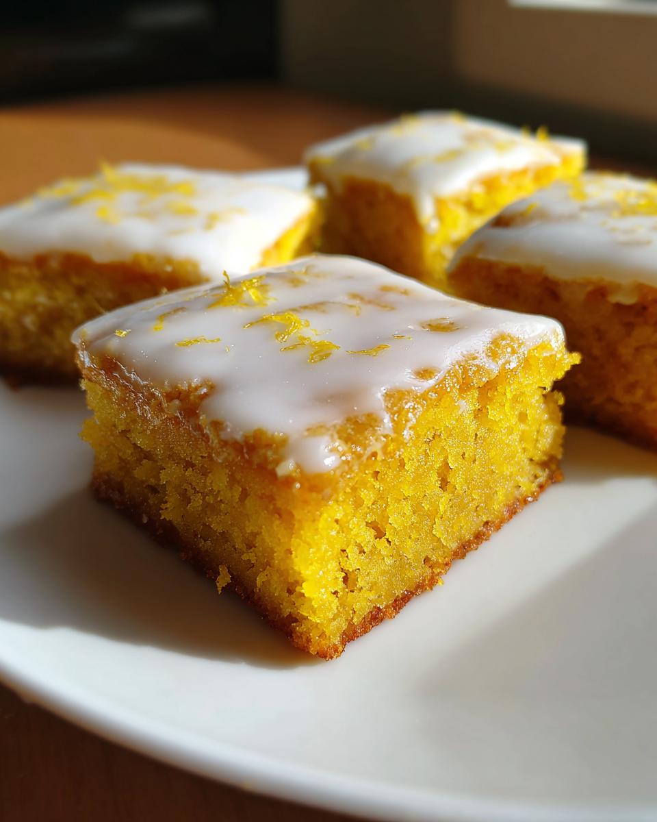 Close-up of fudgy Lemon Brownies squares topped with white glaze and bright yellow lemon zest.