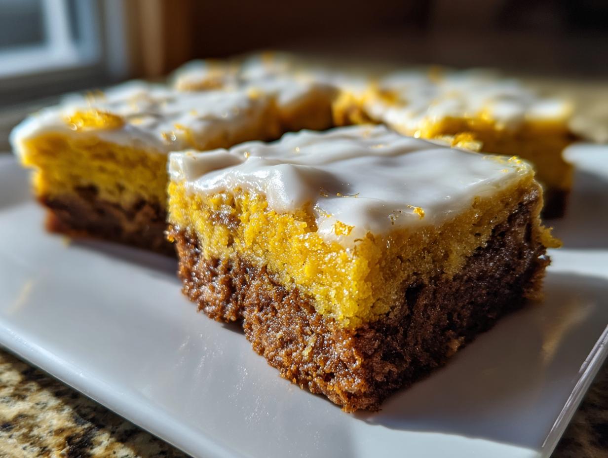 Close-up of a fudgy Lemon Brownies square showing a dark chocolate base and a bright yellow lemon layer topped with white glaze.