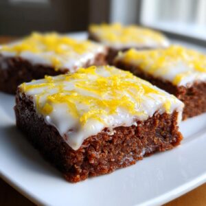 Close-up of a fudgy Lemon Brownies square topped with white glaze and bright yellow lemon zest.