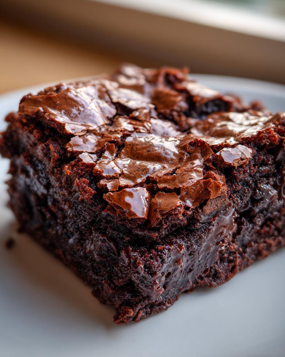 A close-up shot of a rich, fudgy square of Oreo brownies featuring a shiny, crackled top crust.