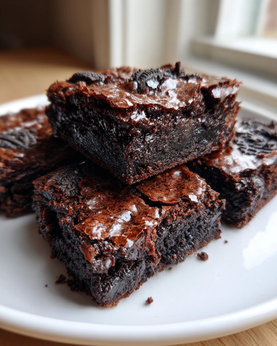 Close-up of fudgy Oreo brownies stacked on a white plate, showing a shiny, crackly top sprinkled with sea salt.