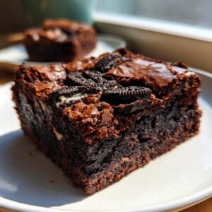 A close-up shot of a rich, fudgy square of oreo brownies topped with crushed Oreo pieces and a shiny crust.