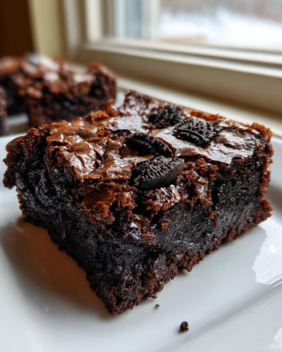 Close-up of a rich, fudgy Oreo brownies square with a shiny crust and visible Oreo cookie pieces on top.