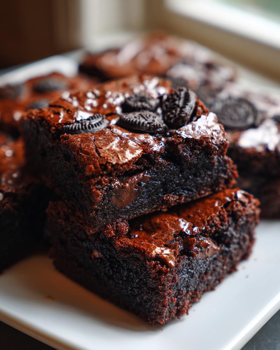 Close-up of two stacked, fudgy Oreo brownies topped with mini Oreo pieces, showing a gooey center.