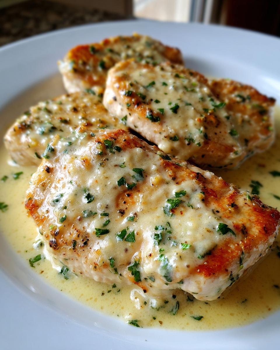 Four pan-seared chicken breasts smothered in a creamy garlic parmesan chicken sauce and topped with fresh parsley.