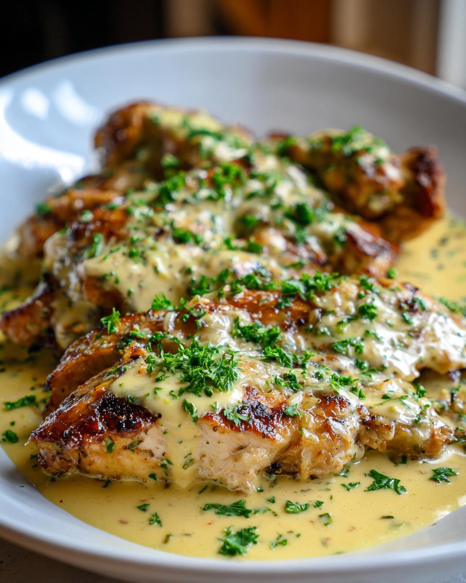 Close-up of seared garlic parmesan chicken breasts covered in a rich, creamy sauce and fresh parsley.