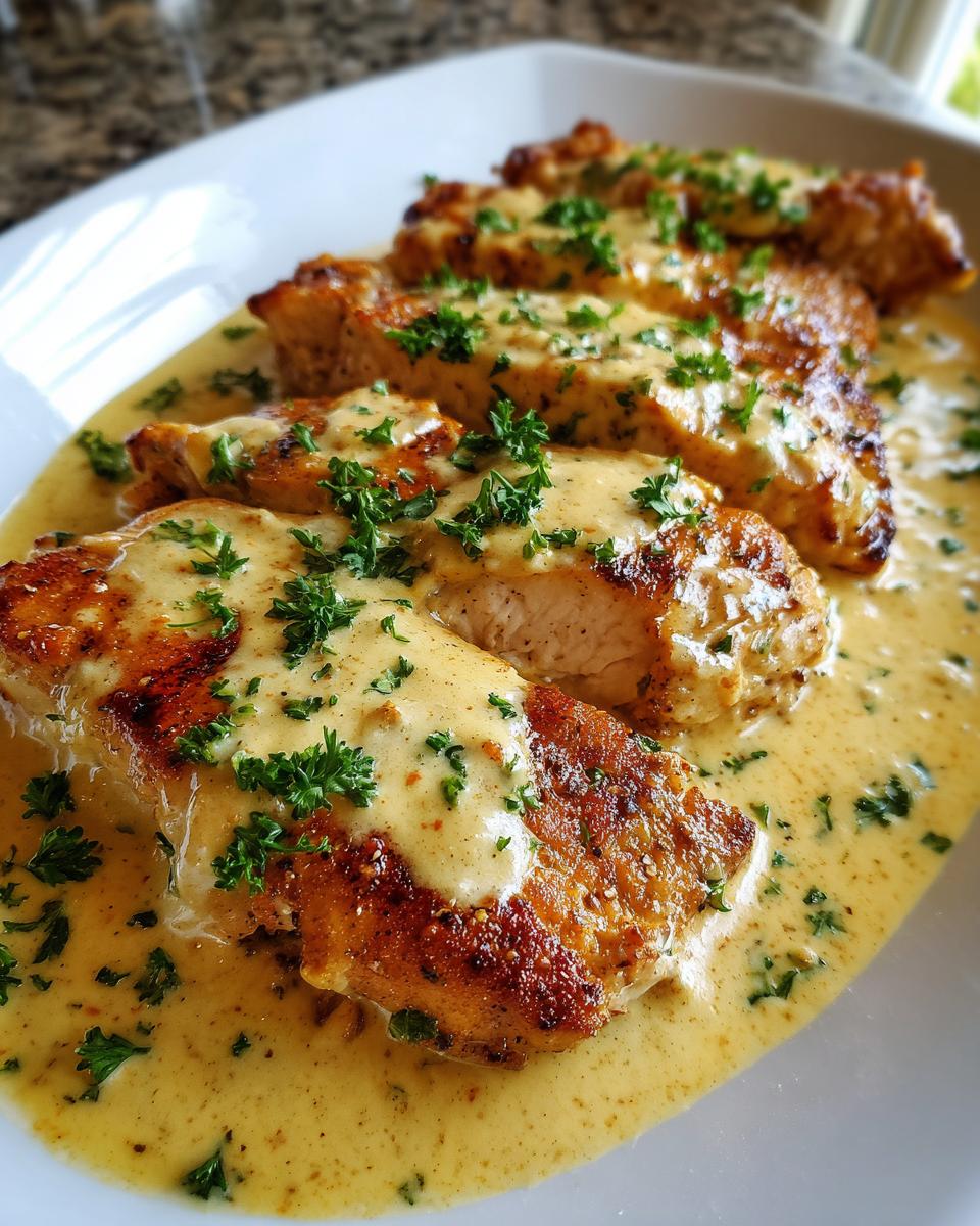 Four pieces of seared garlic parmesan chicken covered in a creamy, yellow sauce and garnished with fresh parsley.