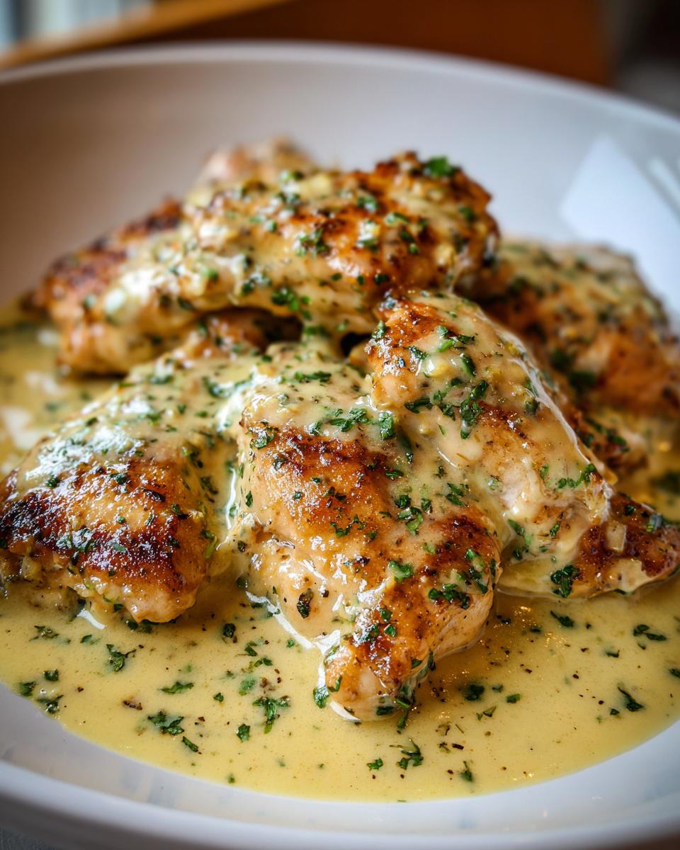 Close-up of pan-seared garlic parmesan chicken pieces smothered in a creamy, herb-flecked sauce.