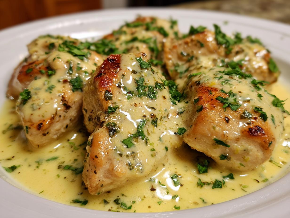 Close-up of pan-seared garlic parmesan chicken pieces smothered in a creamy, herb-flecked sauce.